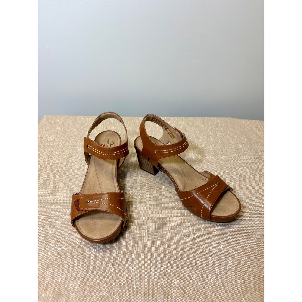 Clarks Unstructured Cognac Leather Block Heel Boho Sandals Sz 7.5